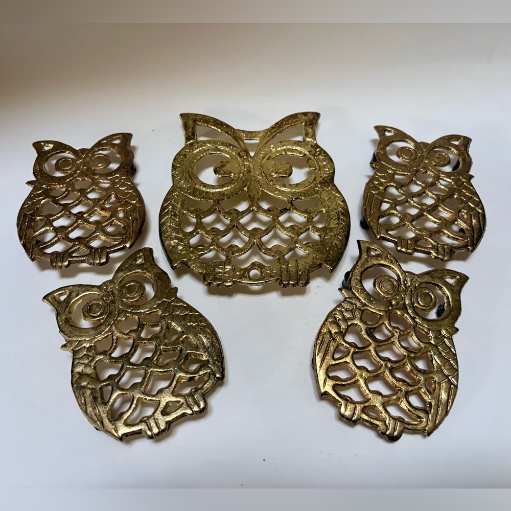 Vintage 5pc Brass Owl Trivet Set